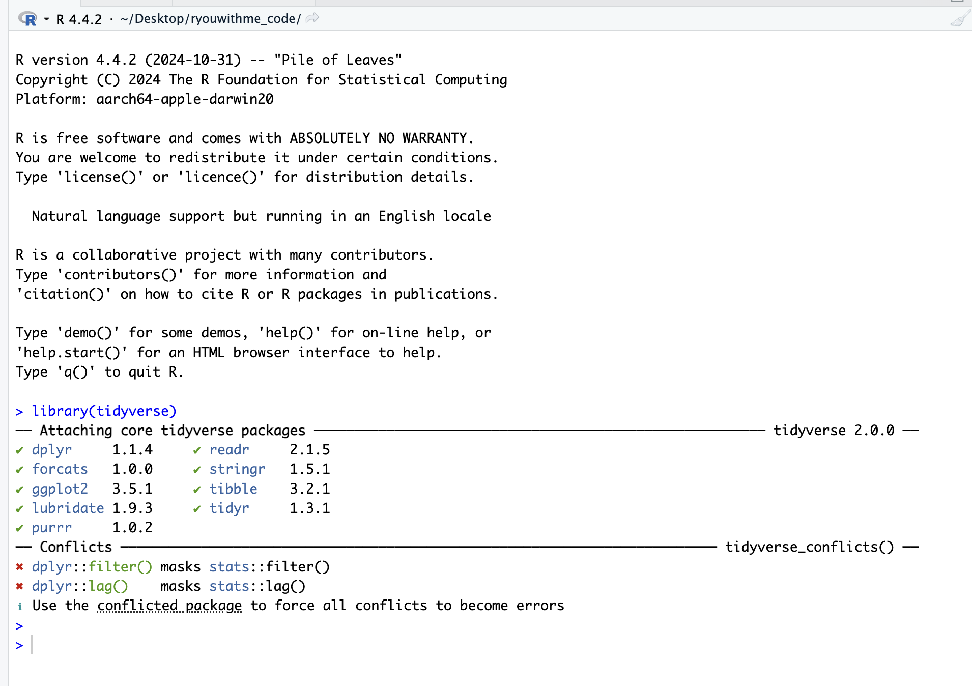 a screenshot of the console output after I run library(tidyverse)